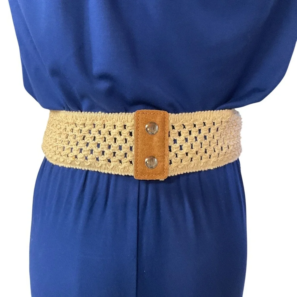 Boho Woven Lacey Waist Belt with Bow Suede Accent‎ Snap Back Stretch Cream Brown